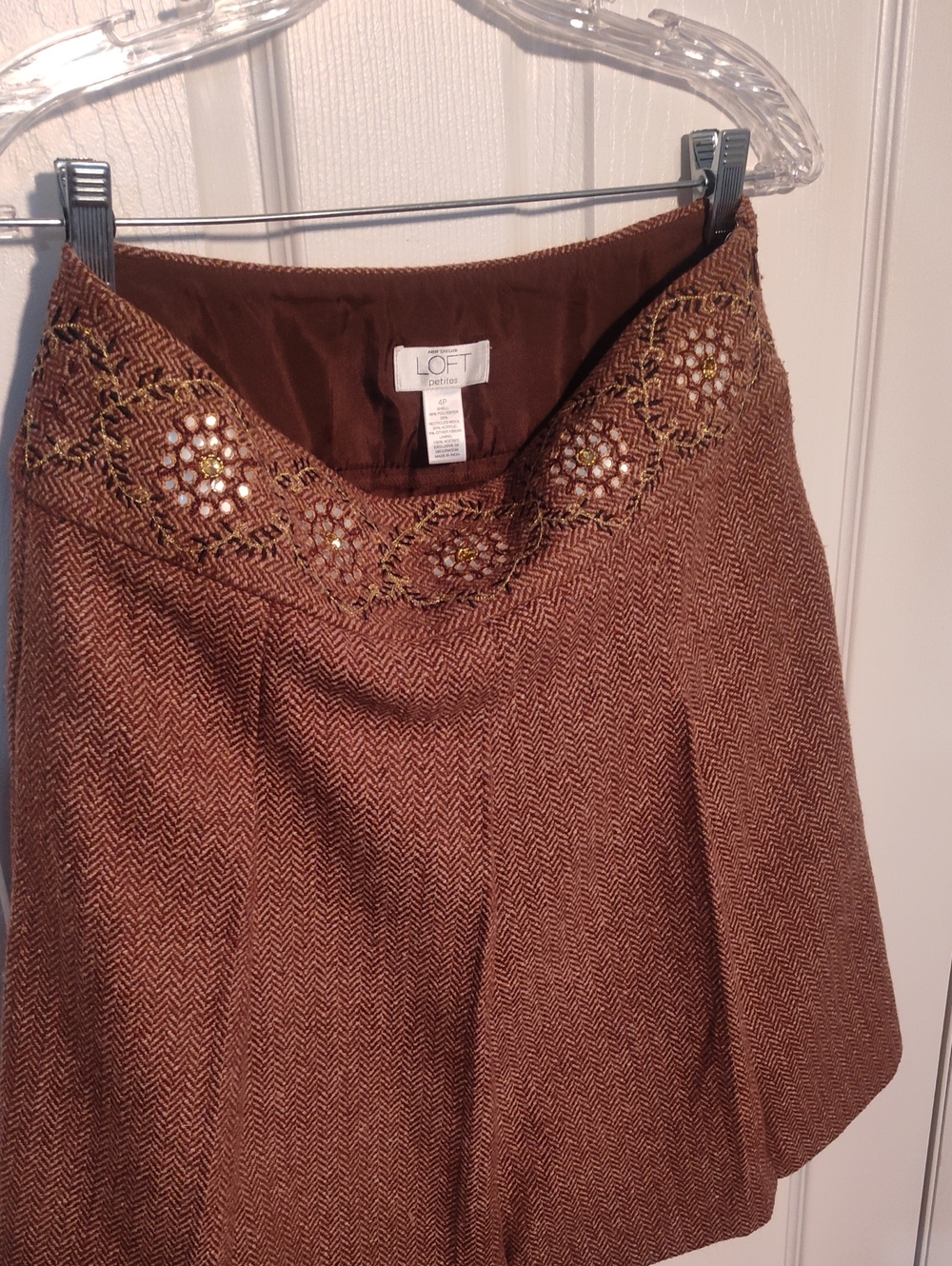 LOFT Brown Embellished Herringbone A-Line Skirt